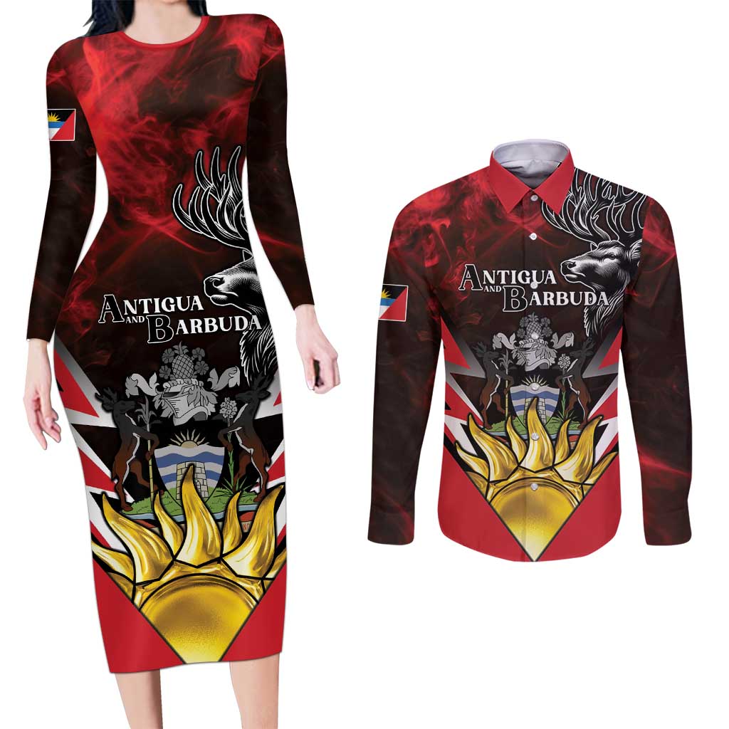 Personalized Antigua and Barbuda Couples Matching Long Sleeve Bodycon Dress and Long Sleeve Button Shirt Coat Of Arms With Fallow Deer
