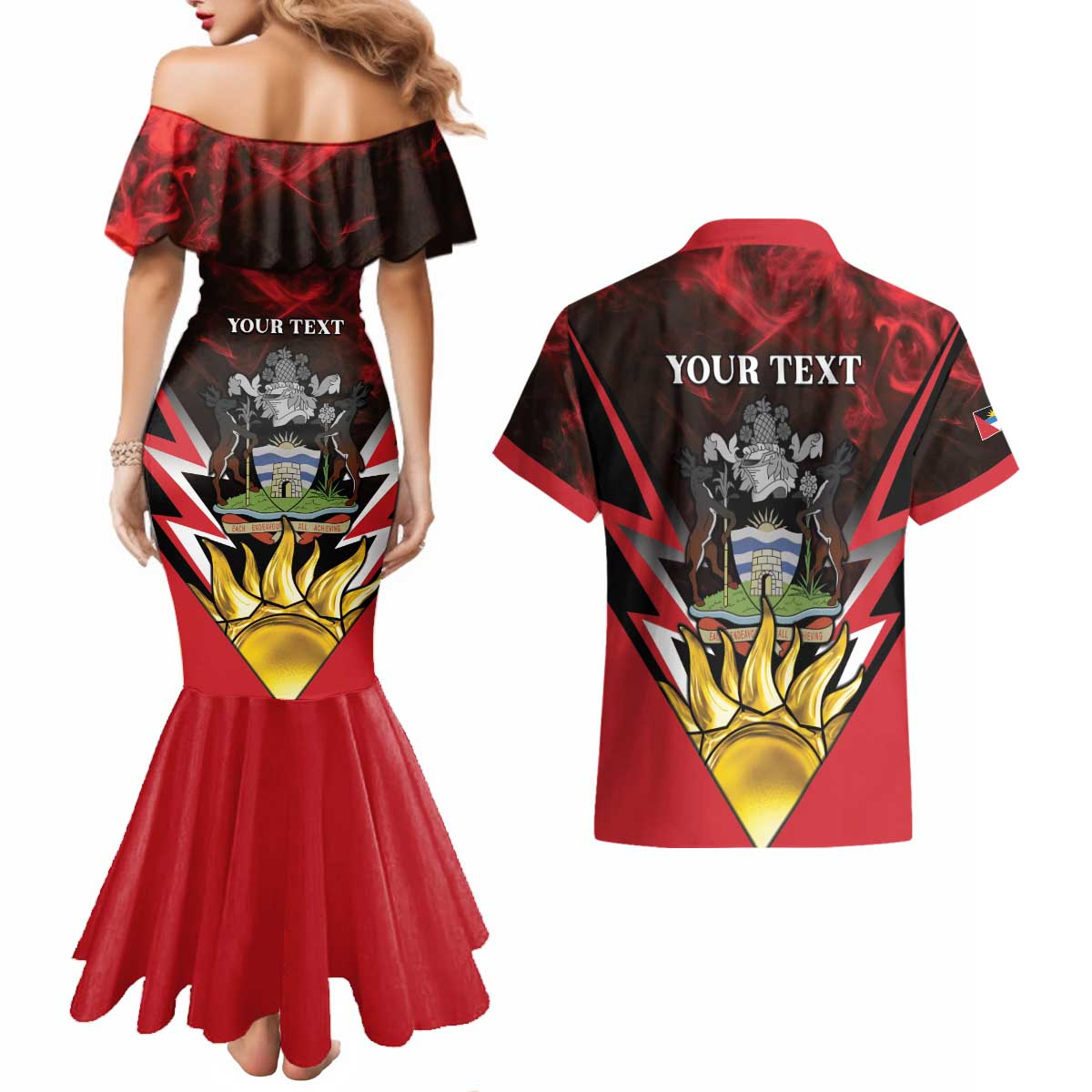 Personalized Antigua and Barbuda Couples Matching Mermaid Dress and Hawaiian Shirt Coat Of Arms With Fallow Deer