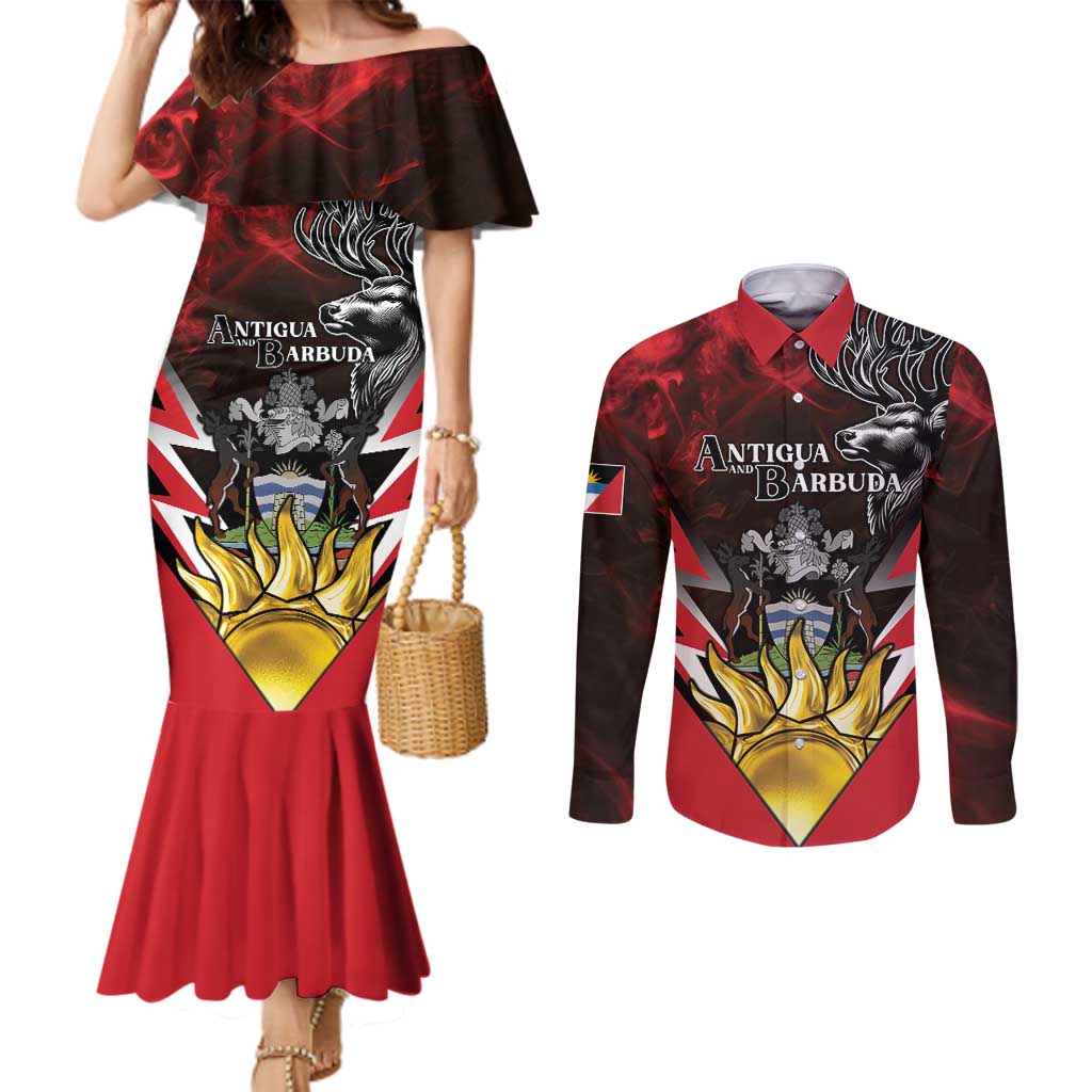 Personalized Antigua and Barbuda Couples Matching Mermaid Dress and Long Sleeve Button Shirt Coat Of Arms With Fallow Deer