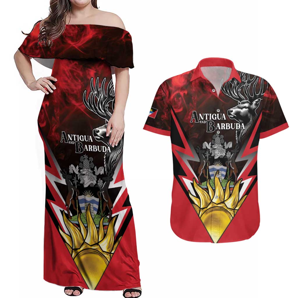Personalized Antigua and Barbuda Couples Matching Off Shoulder Maxi Dress and Hawaiian Shirt Coat Of Arms With Fallow Deer
