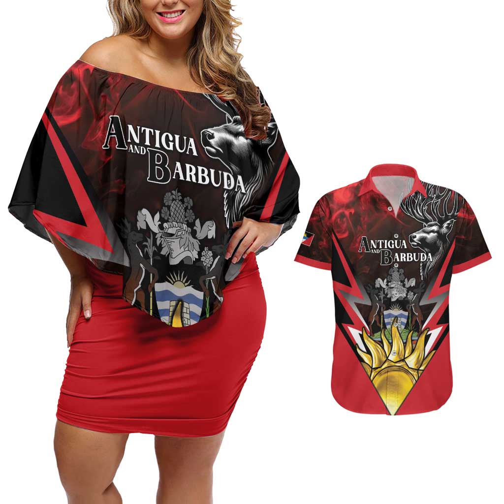 Personalized Antigua and Barbuda Couples Matching Off Shoulder Short Dress and Hawaiian Shirt Coat Of Arms With Fallow Deer