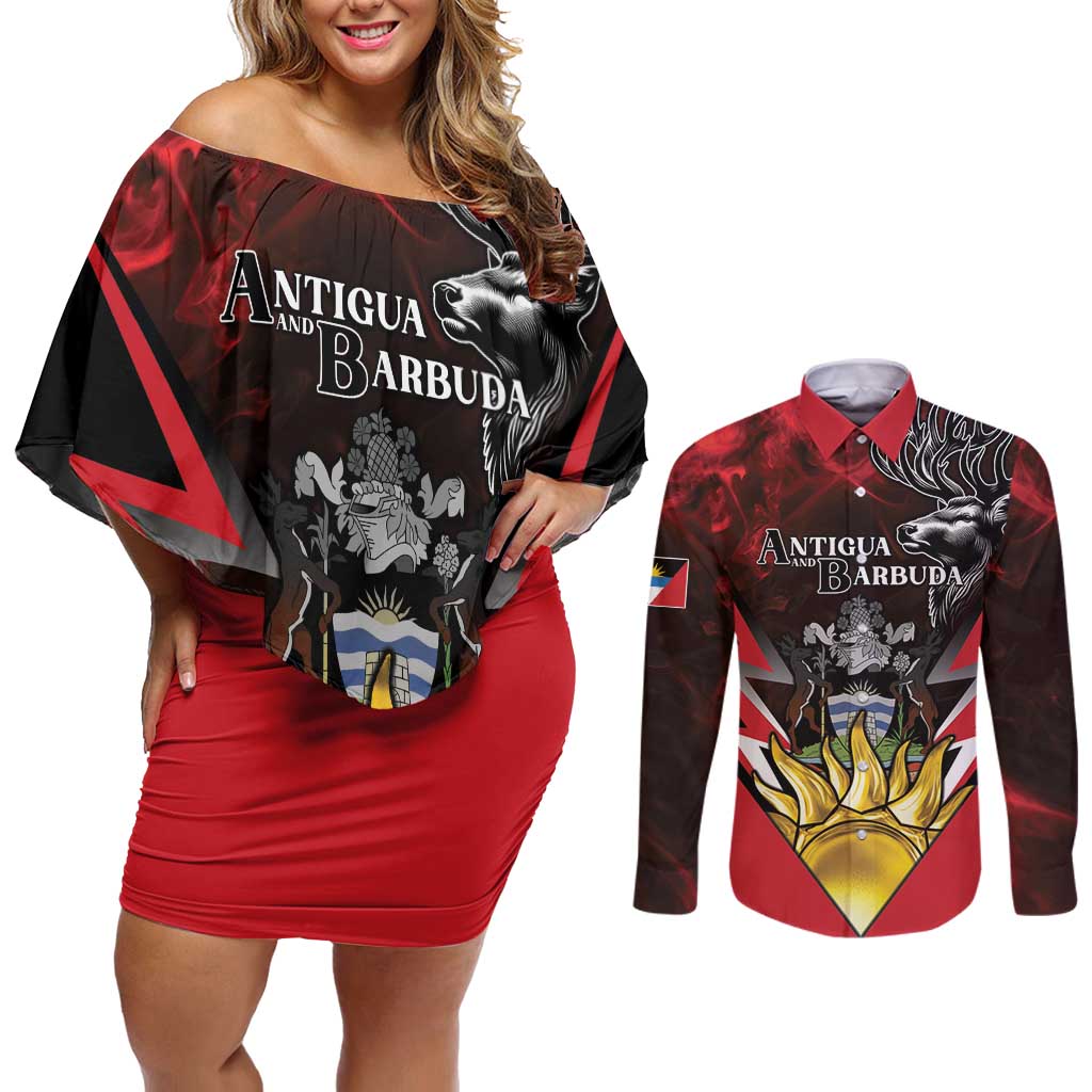 Personalized Antigua and Barbuda Couples Matching Off Shoulder Short Dress and Long Sleeve Button Shirt Coat Of Arms With Fallow Deer