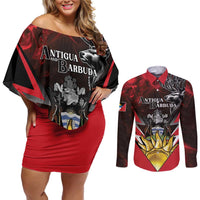 Personalized Antigua and Barbuda Couples Matching Off Shoulder Short Dress and Long Sleeve Button Shirt Coat Of Arms With Fallow Deer