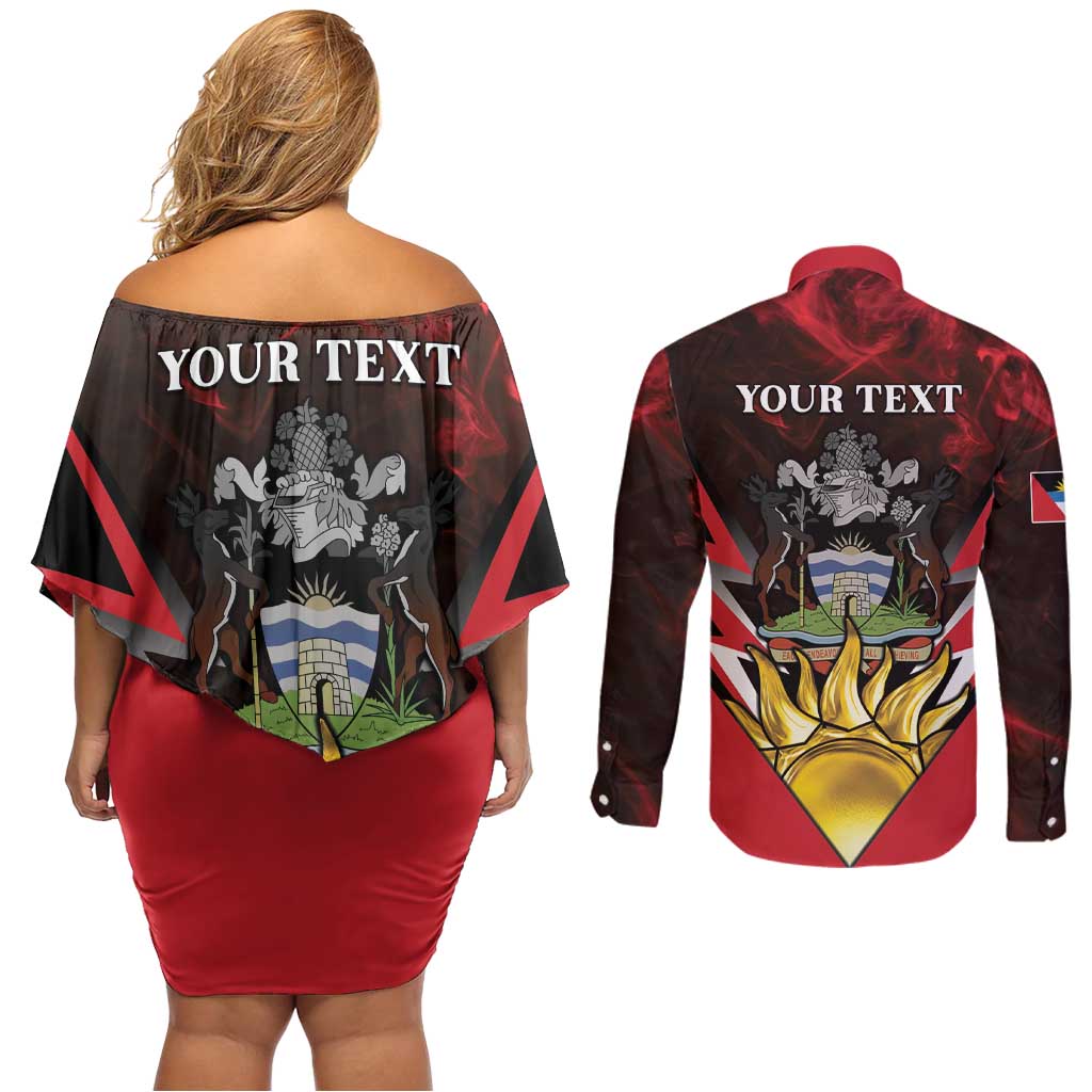 Personalized Antigua and Barbuda Couples Matching Off Shoulder Short Dress and Long Sleeve Button Shirt Coat Of Arms With Fallow Deer