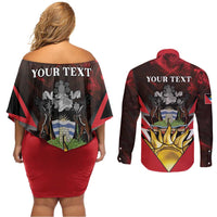 Personalized Antigua and Barbuda Couples Matching Off Shoulder Short Dress and Long Sleeve Button Shirt Coat Of Arms With Fallow Deer
