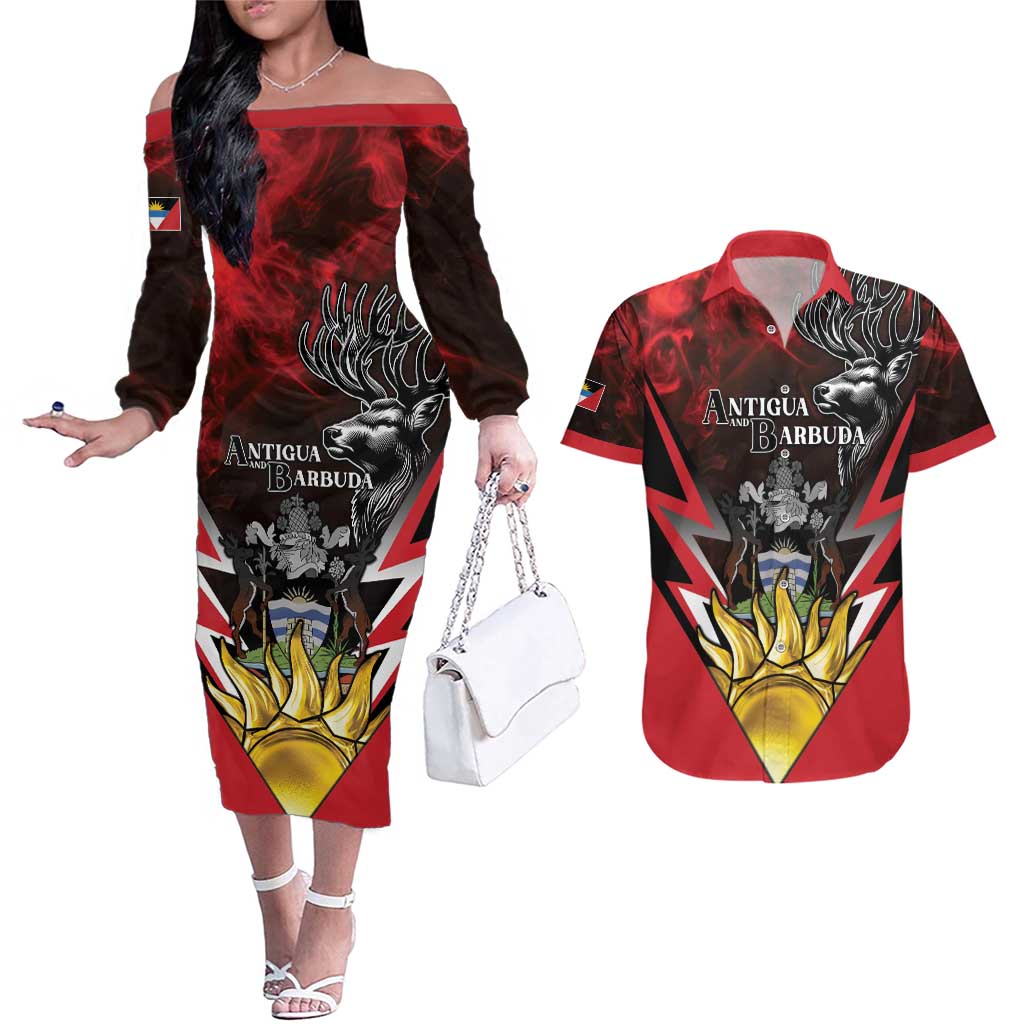 Personalized Antigua and Barbuda Couples Matching Off The Shoulder Long Sleeve Dress and Hawaiian Shirt Coat Of Arms With Fallow Deer