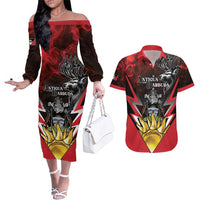 Personalized Antigua and Barbuda Couples Matching Off The Shoulder Long Sleeve Dress and Hawaiian Shirt Coat Of Arms With Fallow Deer