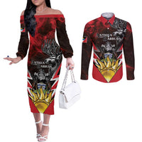 Personalized Antigua and Barbuda Couples Matching Off The Shoulder Long Sleeve Dress and Long Sleeve Button Shirt Coat Of Arms With Fallow Deer