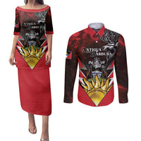 Personalized Antigua and Barbuda Couples Matching Puletasi and Long Sleeve Button Shirt Coat Of Arms With Fallow Deer