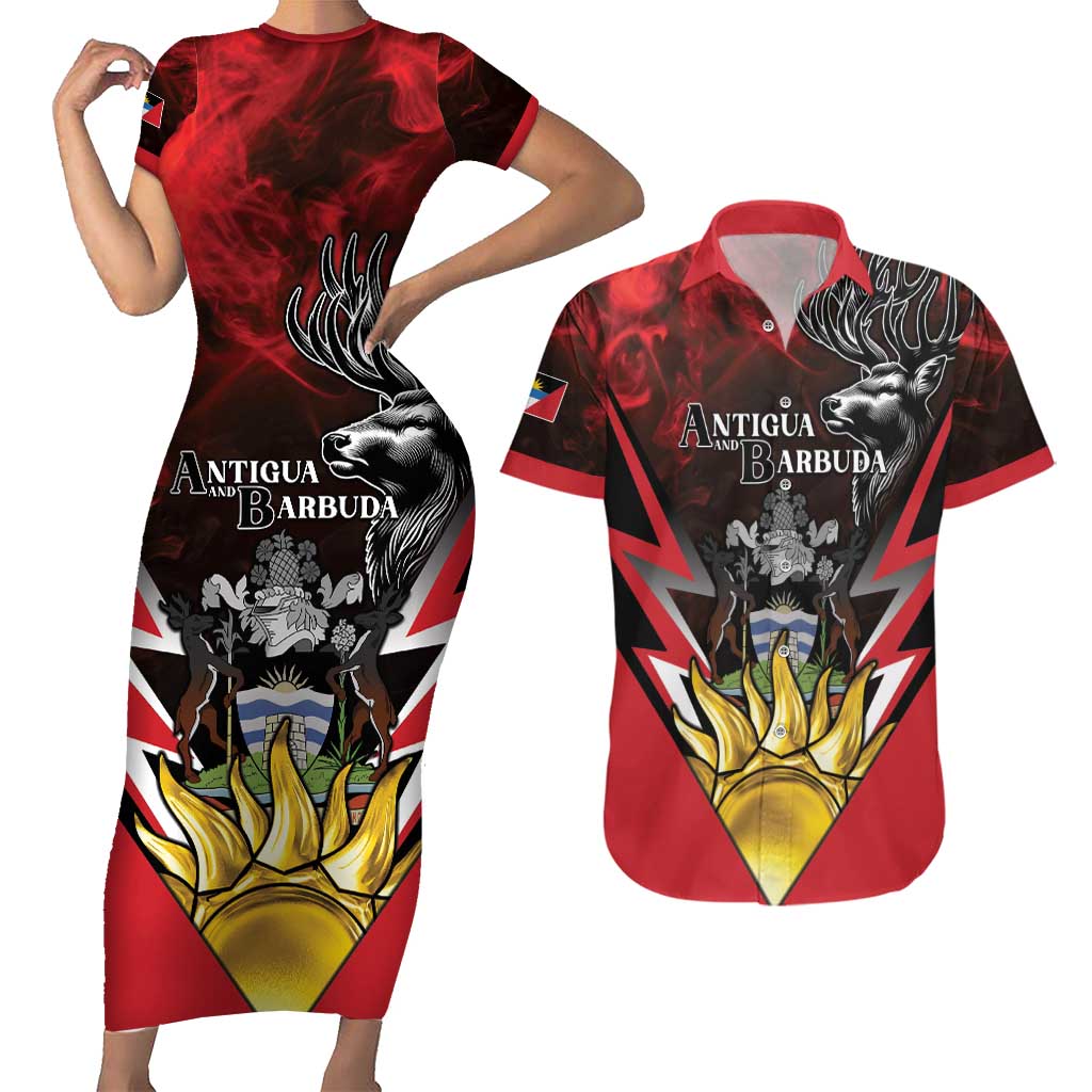 Personalized Antigua and Barbuda Couples Matching Short Sleeve Bodycon Dress and Hawaiian Shirt Coat Of Arms With Fallow Deer