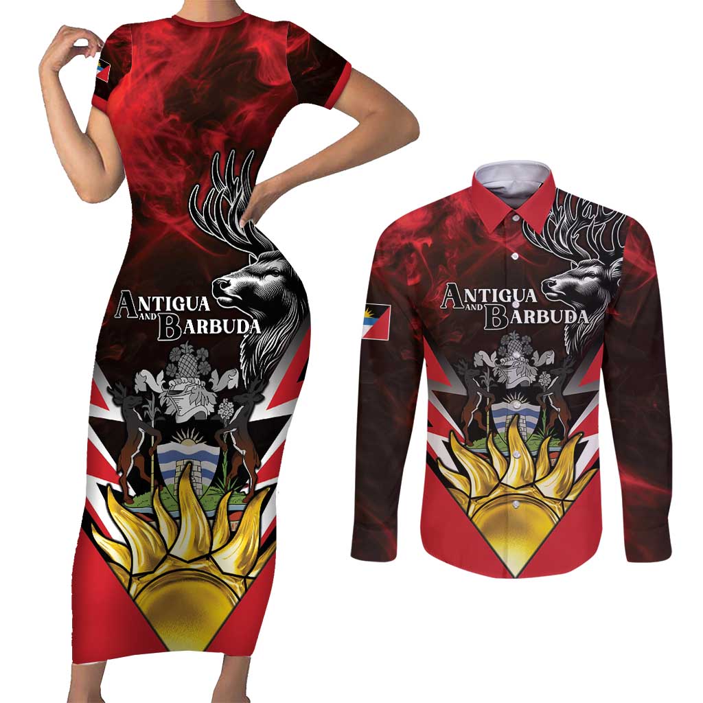 Personalized Antigua and Barbuda Couples Matching Short Sleeve Bodycon Dress and Long Sleeve Button Shirt Coat Of Arms With Fallow Deer