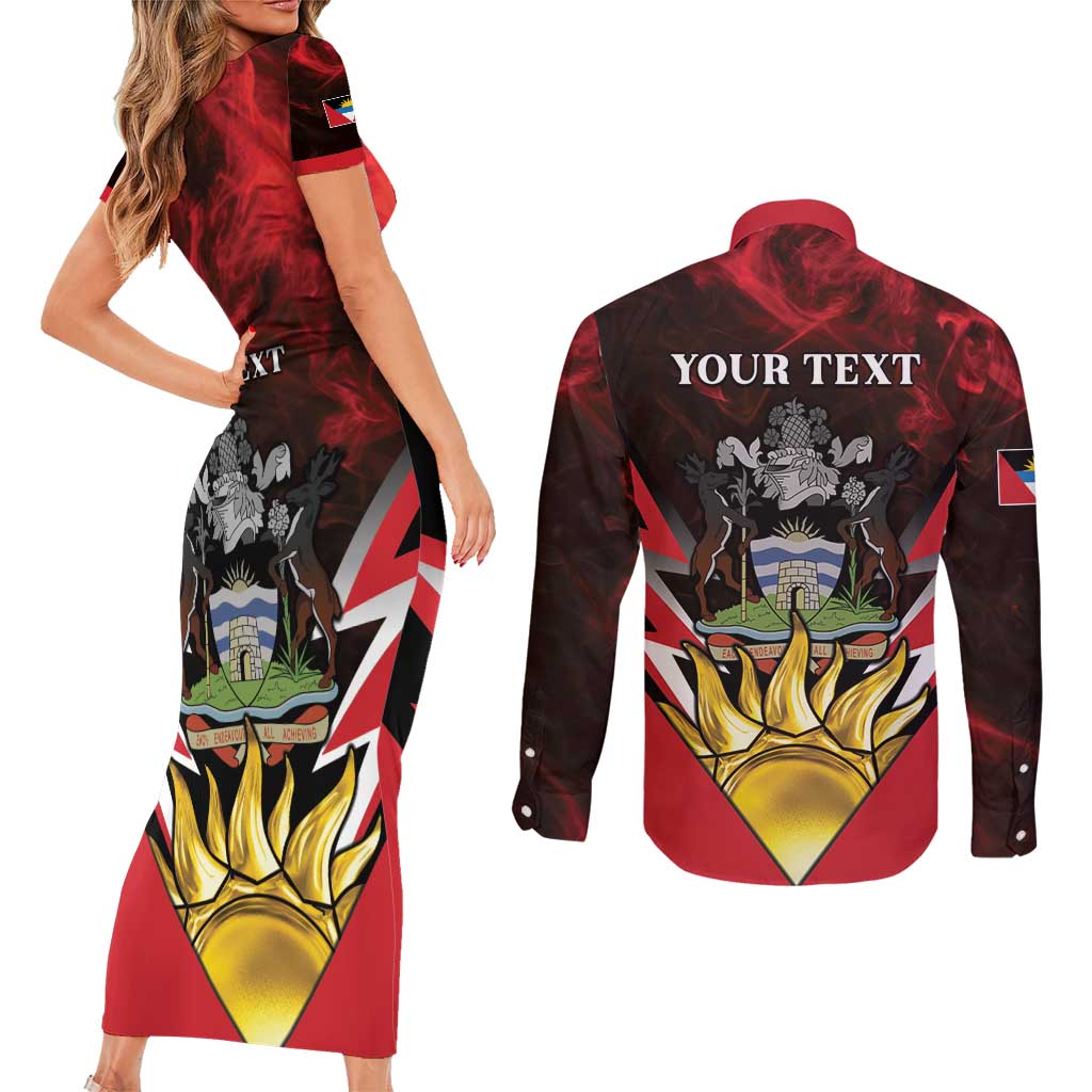 Personalized Antigua and Barbuda Couples Matching Short Sleeve Bodycon Dress and Long Sleeve Button Shirt Coat Of Arms With Fallow Deer