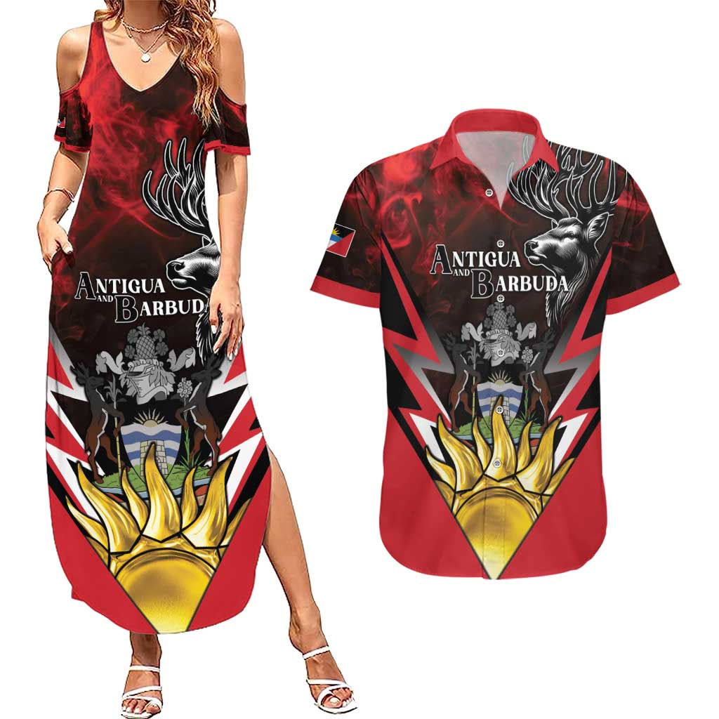 Personalized Antigua and Barbuda Couples Matching Summer Maxi Dress and Hawaiian Shirt Coat Of Arms With Fallow Deer