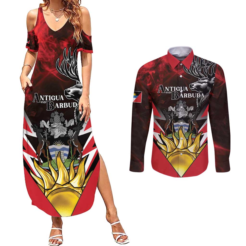 Personalized Antigua and Barbuda Couples Matching Summer Maxi Dress and Long Sleeve Button Shirt Coat Of Arms With Fallow Deer