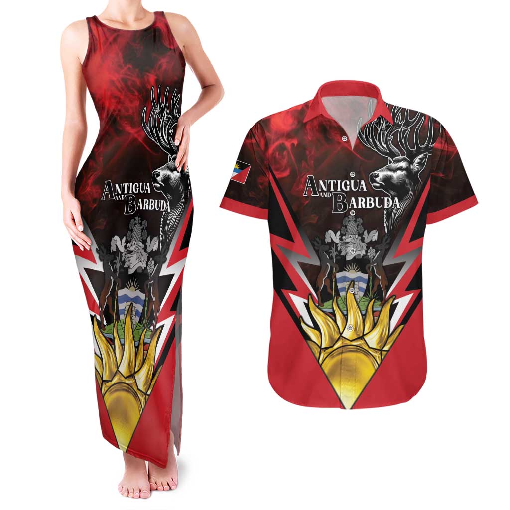Personalized Antigua and Barbuda Couples Matching Tank Maxi Dress and Hawaiian Shirt Coat Of Arms With Fallow Deer