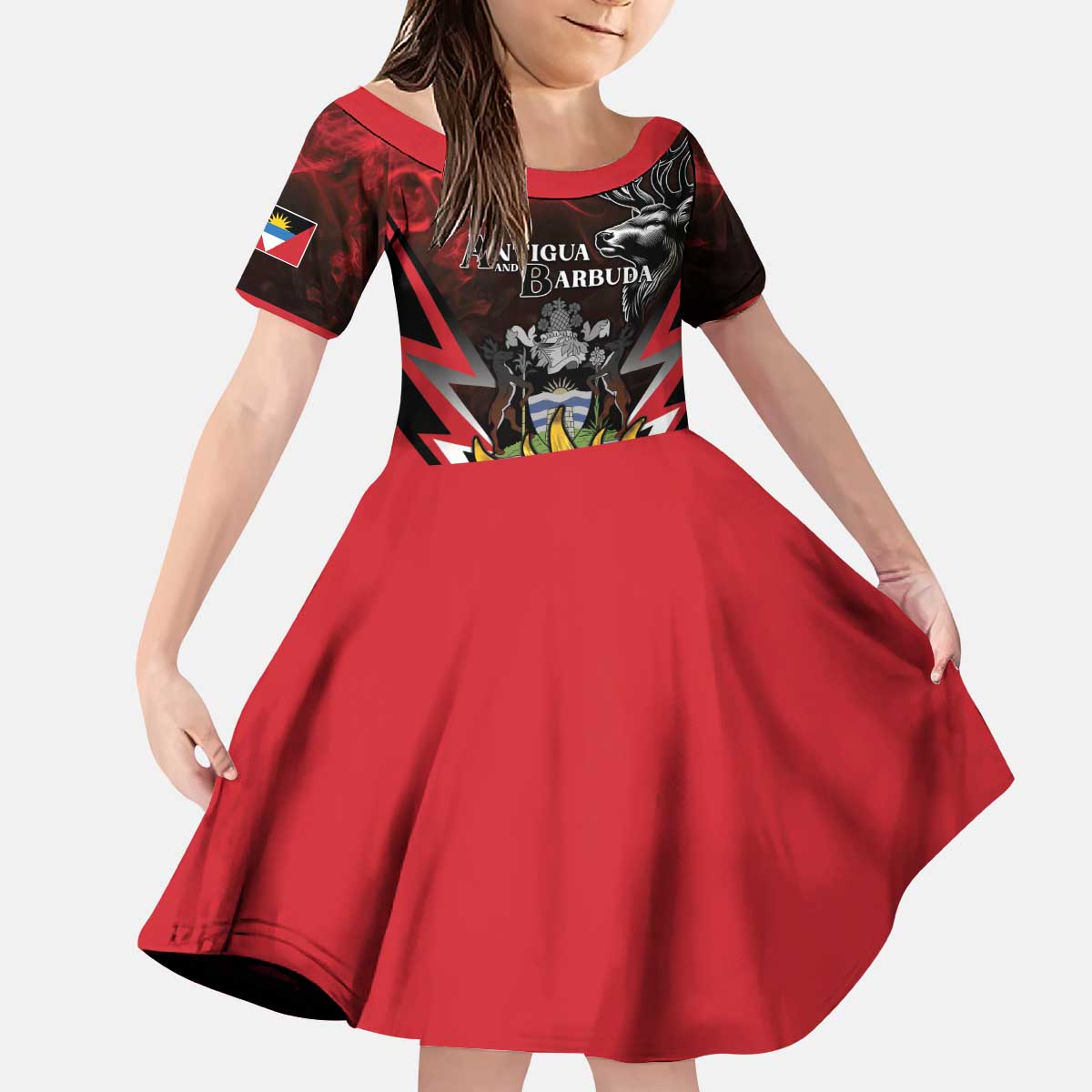 Personalized Antigua and Barbuda Kid Short Sleeve Dress Coat Of Arms With Fallow Deer