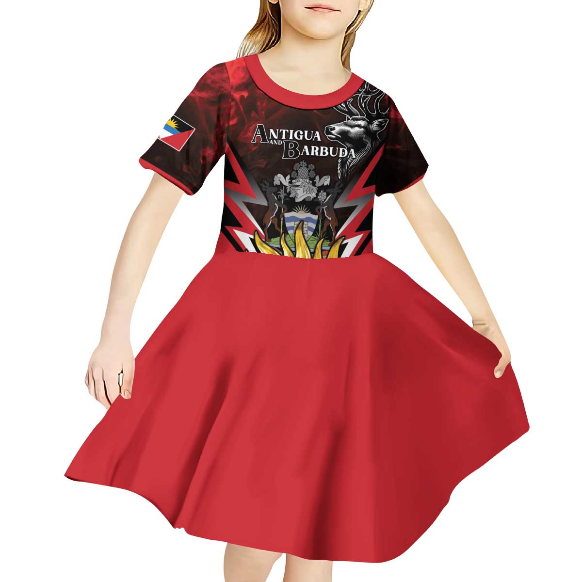 Personalized Antigua and Barbuda Kid Short Sleeve Dress Coat Of Arms With Fallow Deer