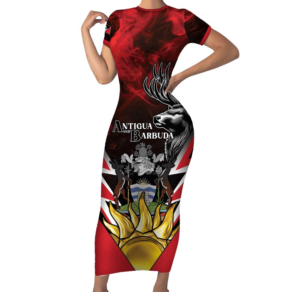 Personalized Antigua and Barbuda Short Sleeve Bodycon Dress Coat Of Arms With Fallow Deer