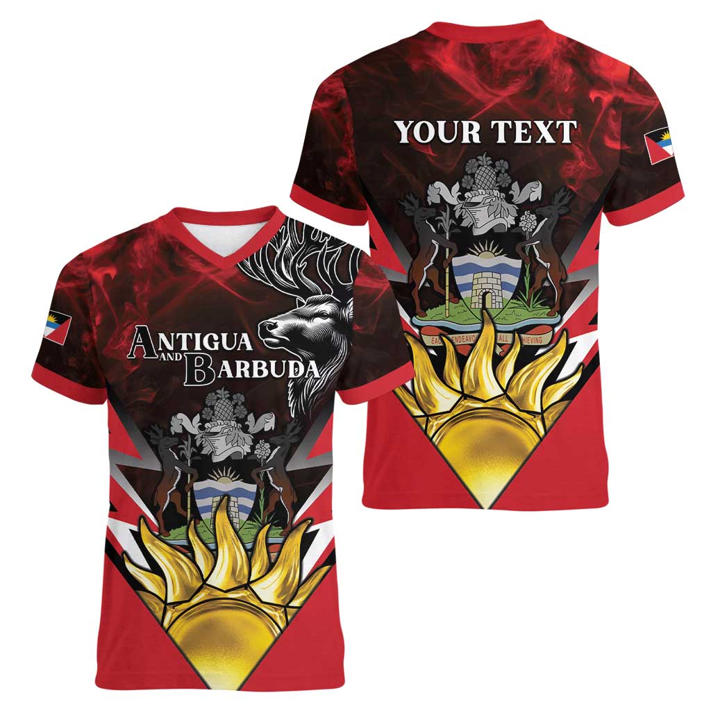 Personalized Antigua and Barbuda Women V-Neck T-Shirt Coat Of Arms With Fallow Deer