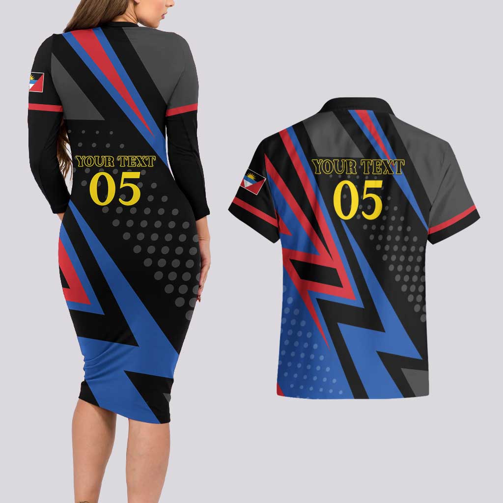 Custom Antigua and Barbuda Cricket Couples Matching Long Sleeve Bodycon Dress and Hawaiian Shirt Sporty Style