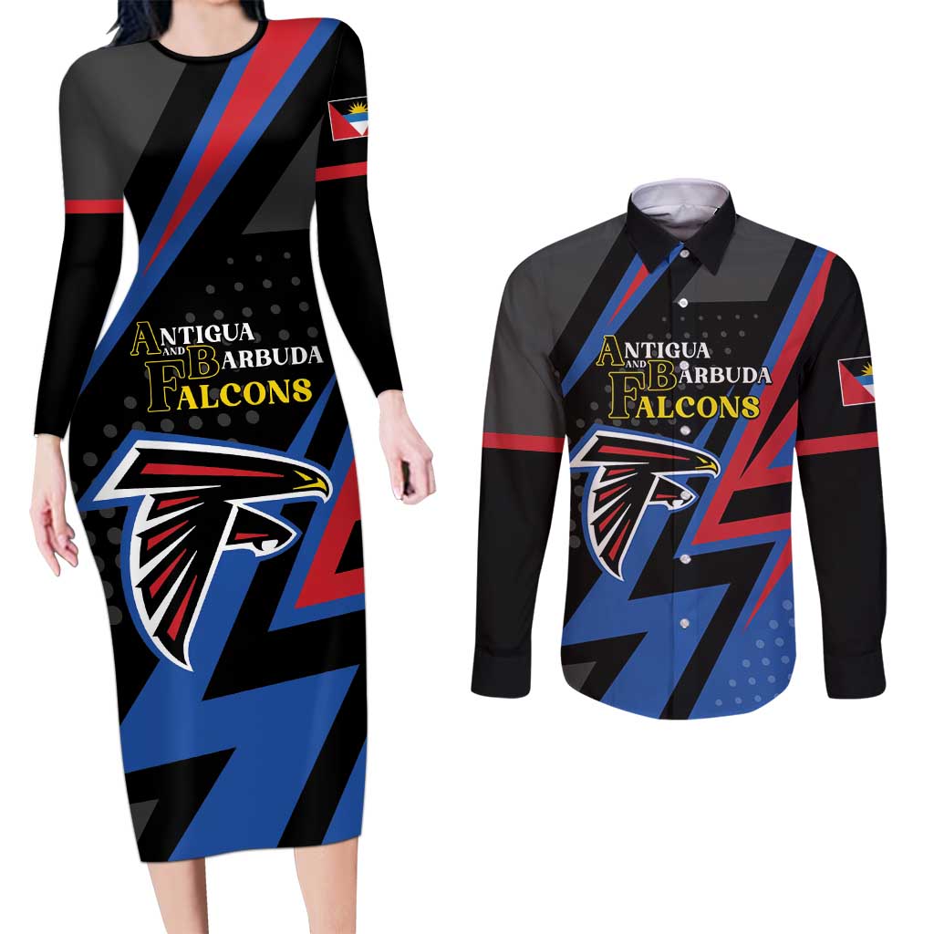 Custom Antigua and Barbuda Cricket Couples Matching Long Sleeve Bodycon Dress and Long Sleeve Button Shirt Sporty Style