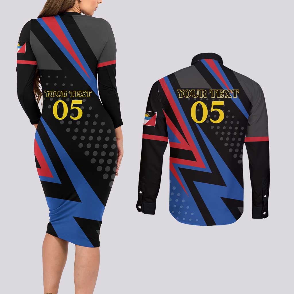 Custom Antigua and Barbuda Cricket Couples Matching Long Sleeve Bodycon Dress and Long Sleeve Button Shirt Sporty Style