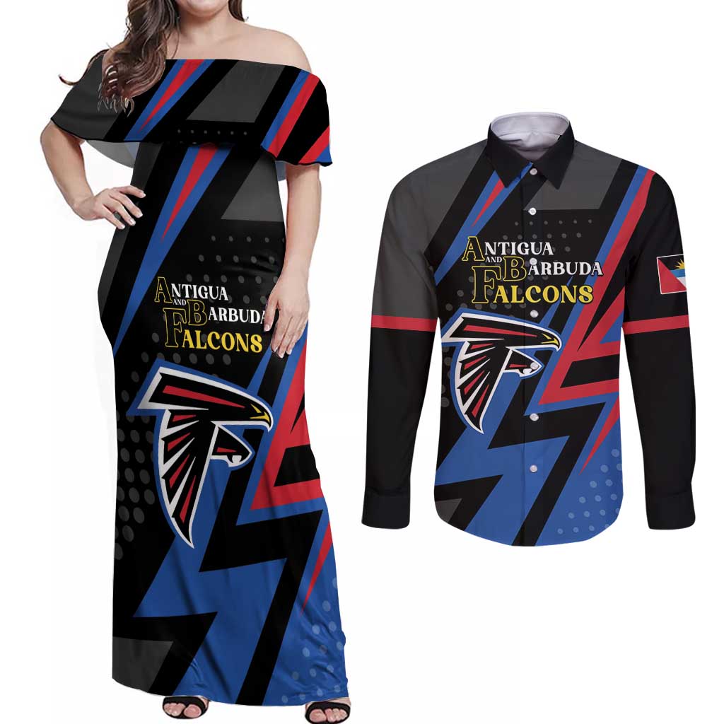 Custom Antigua and Barbuda Cricket Couples Matching Off Shoulder Maxi Dress and Long Sleeve Button Shirt Sporty Style