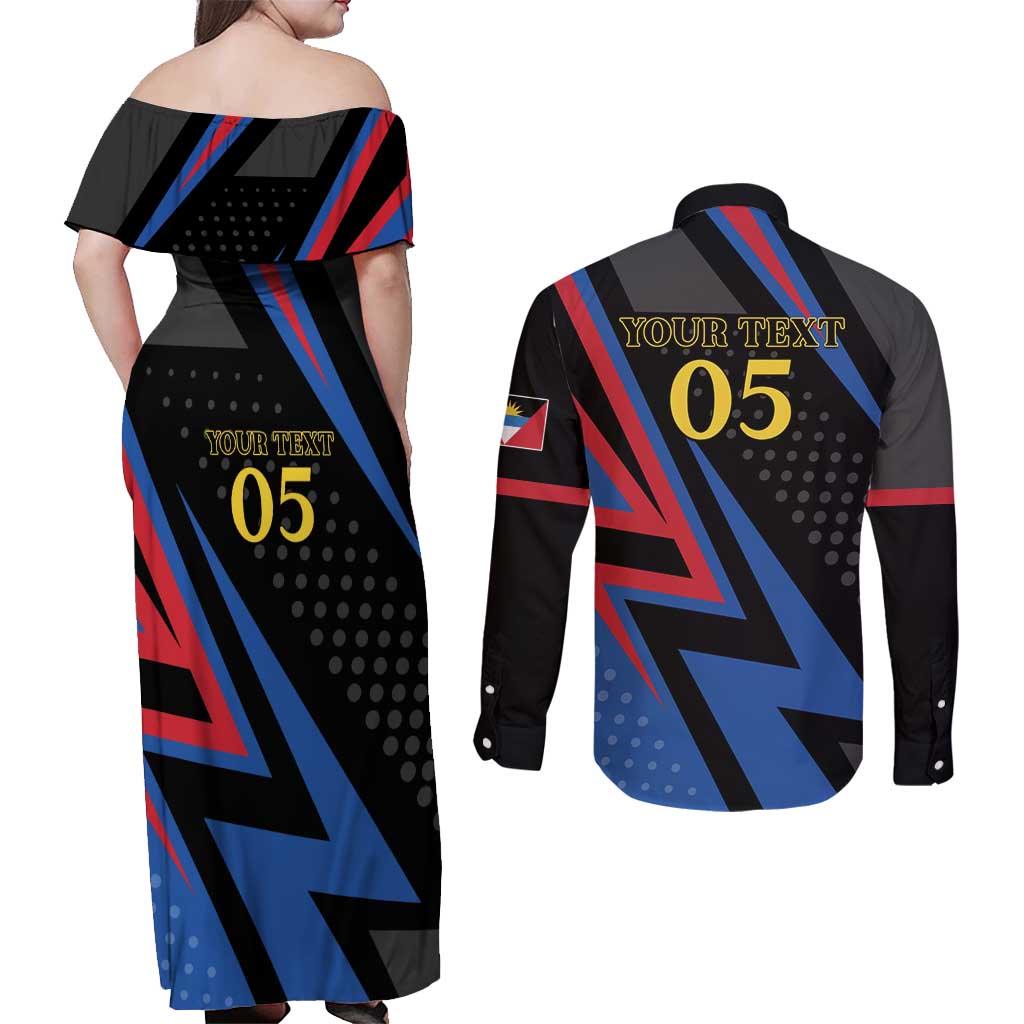 Custom Antigua and Barbuda Cricket Couples Matching Off Shoulder Maxi Dress and Long Sleeve Button Shirt Sporty Style