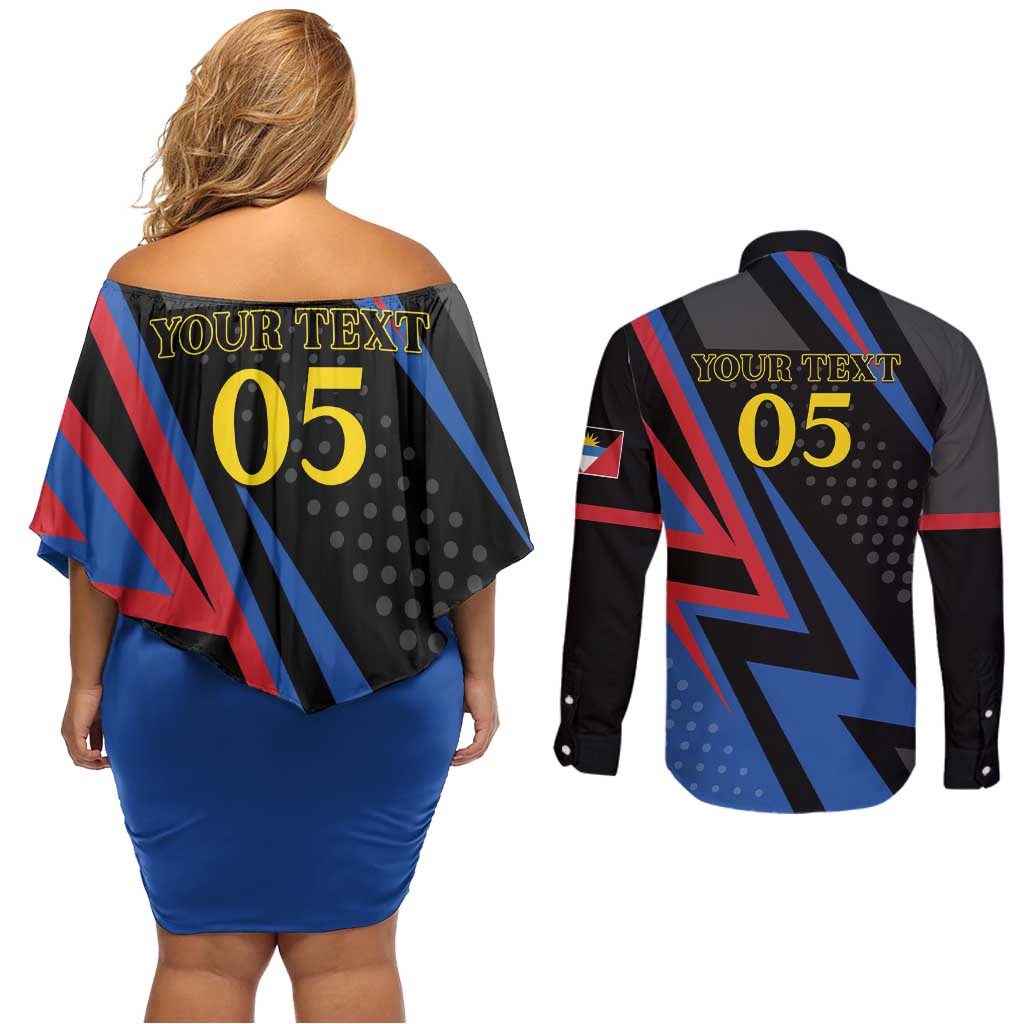 Custom Antigua and Barbuda Cricket Couples Matching Off Shoulder Short Dress and Long Sleeve Button Shirt Sporty Style