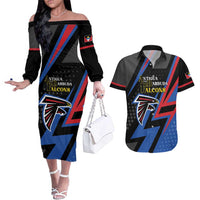 Custom Antigua and Barbuda Cricket Couples Matching Off The Shoulder Long Sleeve Dress and Hawaiian Shirt Sporty Style