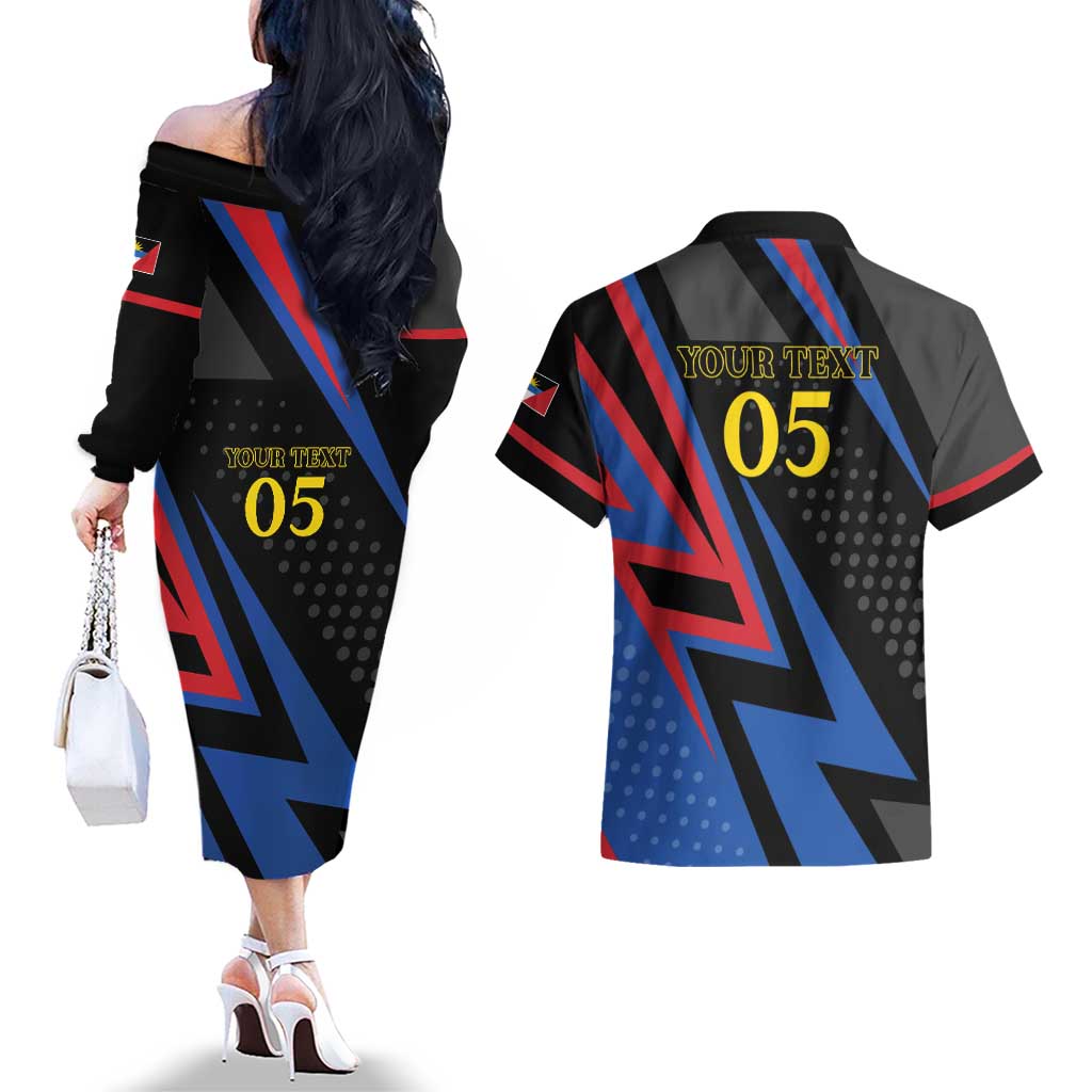 Custom Antigua and Barbuda Cricket Couples Matching Off The Shoulder Long Sleeve Dress and Hawaiian Shirt Sporty Style
