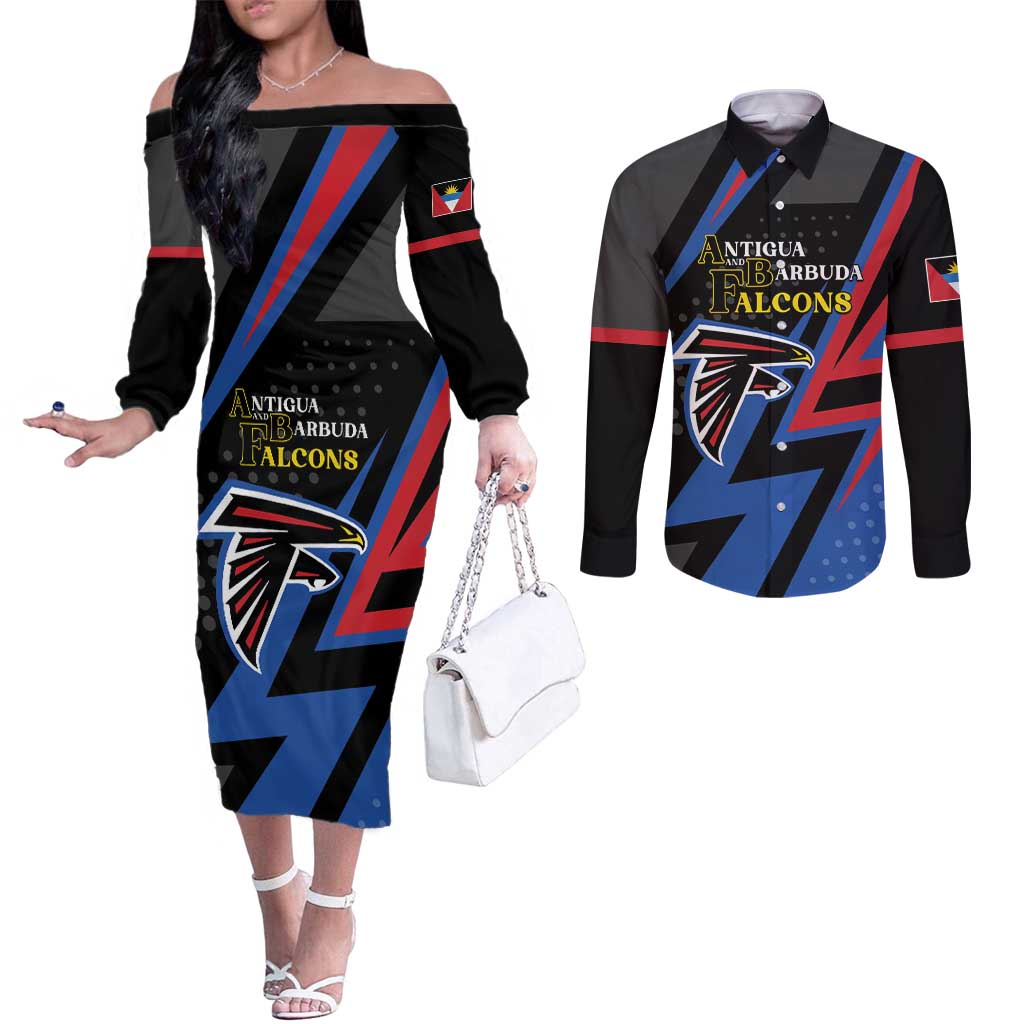 Custom Antigua and Barbuda Cricket Couples Matching Off The Shoulder Long Sleeve Dress and Long Sleeve Button Shirt Sporty Style