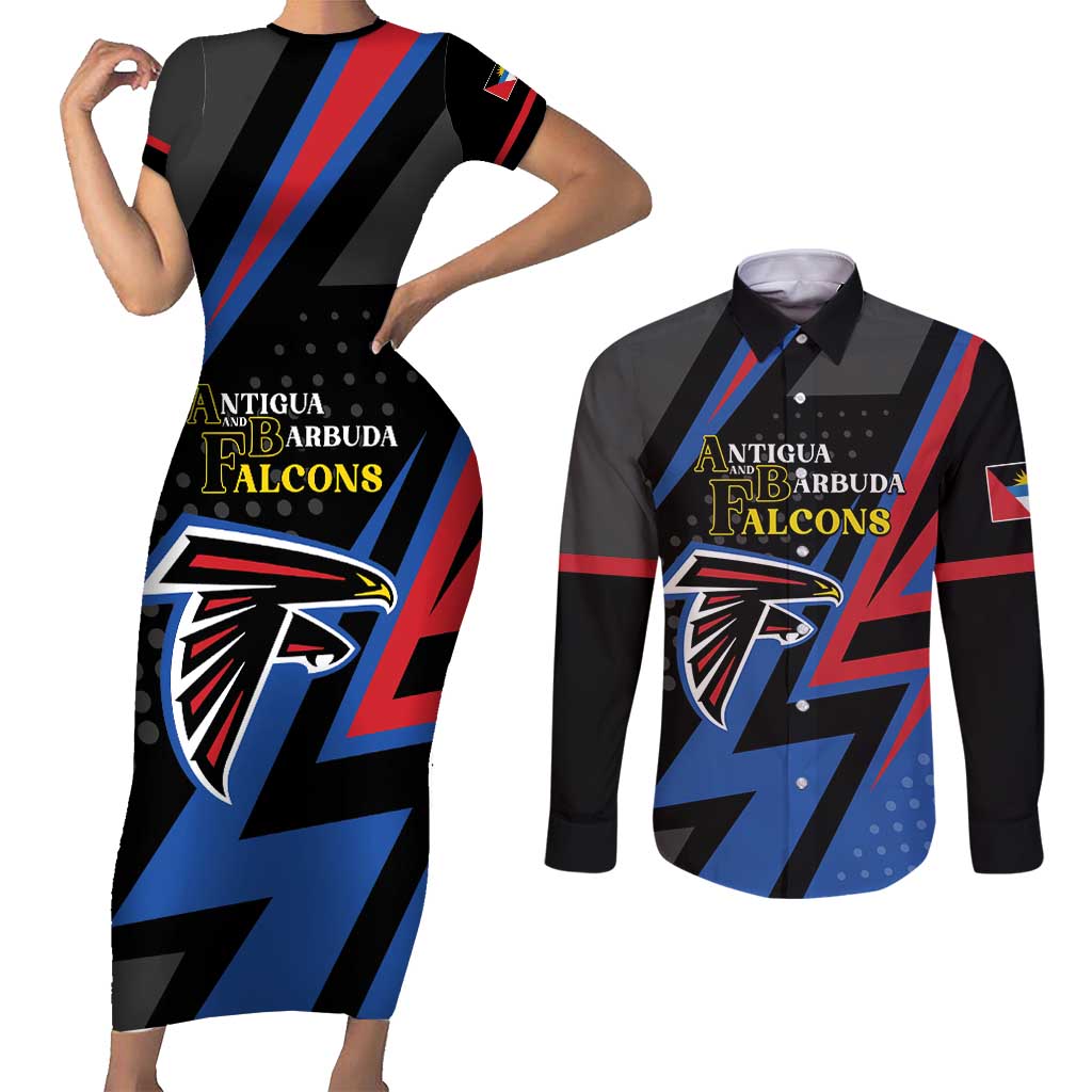 Custom Antigua and Barbuda Cricket Couples Matching Short Sleeve Bodycon Dress and Long Sleeve Button Shirt Sporty Style