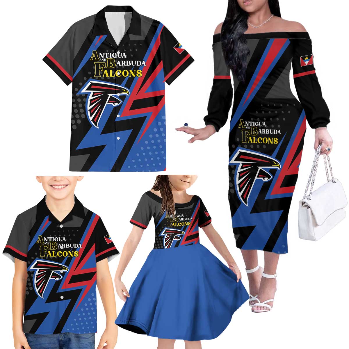 Custom Antigua and Barbuda Cricket Family Matching Off The Shoulder Long Sleeve Dress and Hawaiian Shirt Sporty Style
