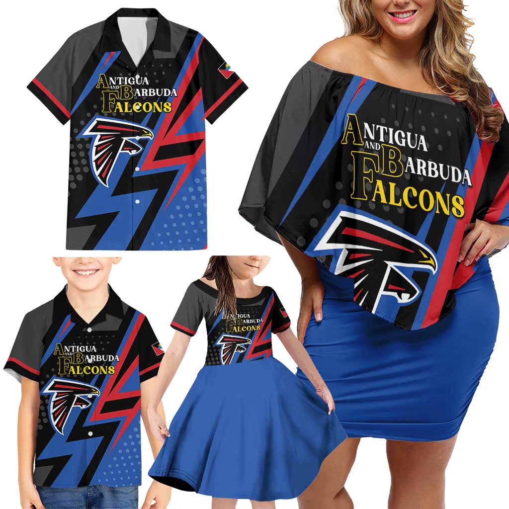 Custom Antigua and Barbuda Cricket Family Matching Off Shoulder Short Dress and Hawaiian Shirt Sporty Style