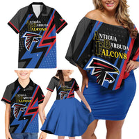 Custom Antigua and Barbuda Cricket Family Matching Off Shoulder Short Dress and Hawaiian Shirt Sporty Style