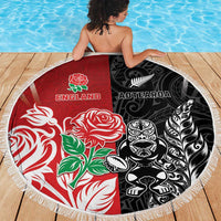 New Zealand And England Rugby Beach Blanket Maori Tiki With Red Rose Together