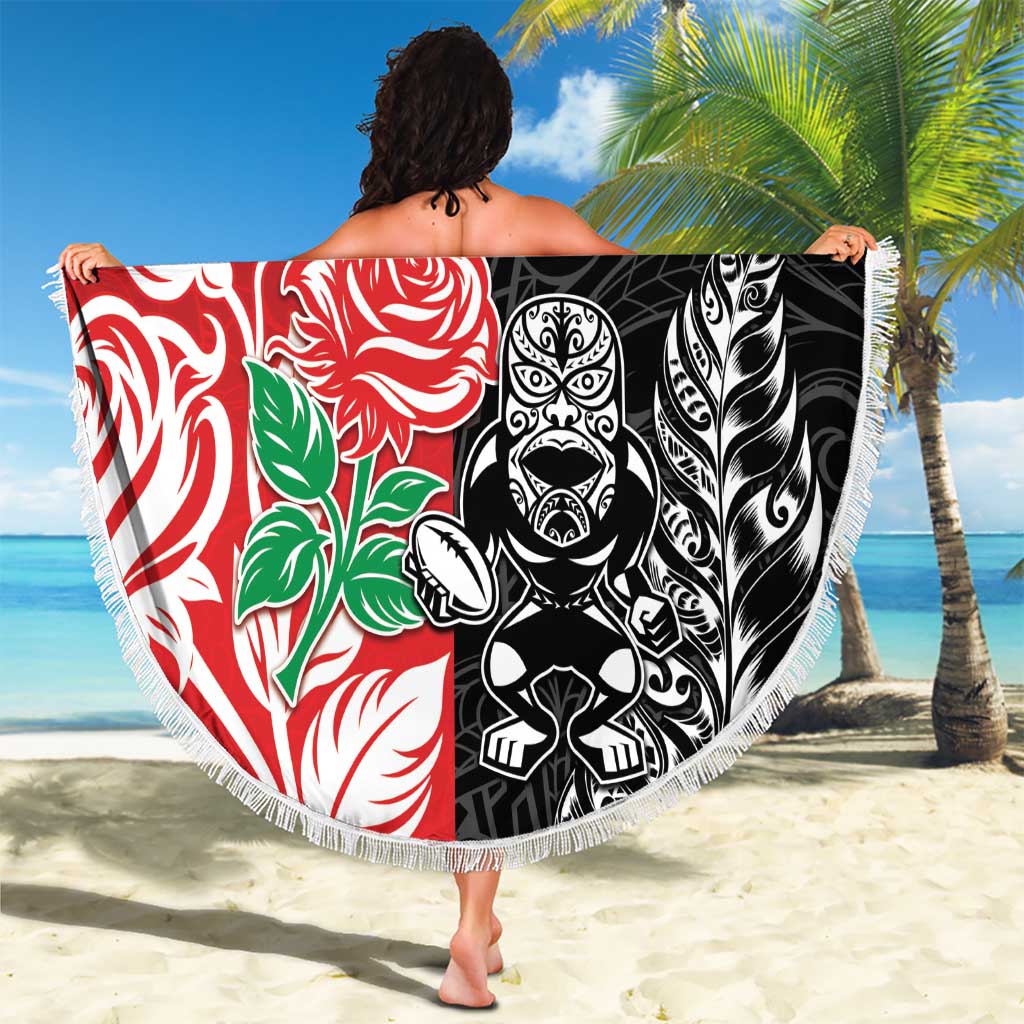 New Zealand And England Rugby Beach Blanket Maori Tiki With Red Rose Together