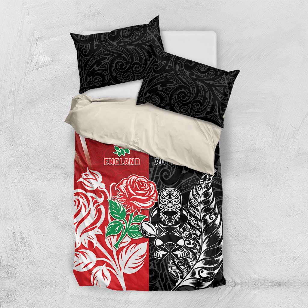 New Zealand And England Rugby Bedding Set Maori Tiki With Red Rose Together