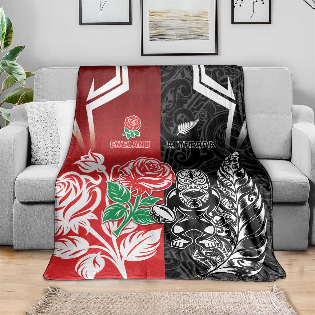 New Zealand And England Rugby Blanket Maori Tiki With Red Rose Together