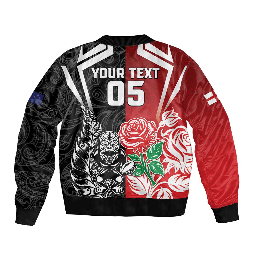 New Zealand And England Rugby Custom Bomber Jacket Maori Tiki With Red Rose Together