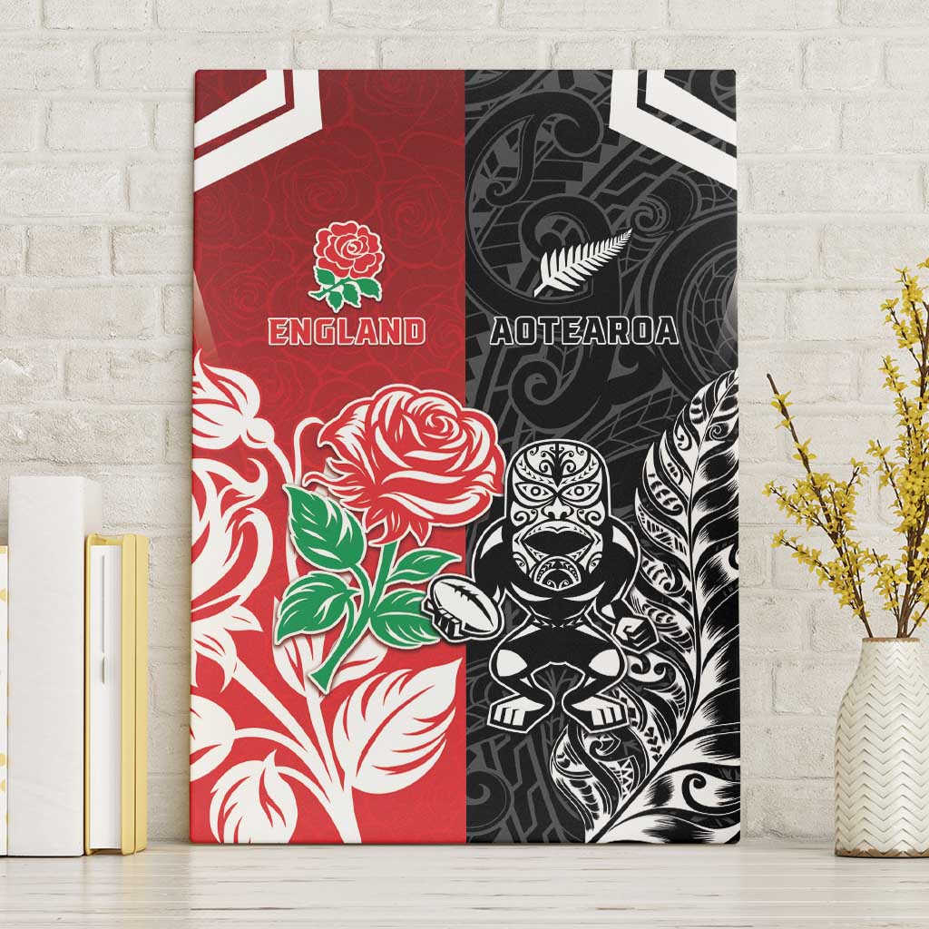 New Zealand And England Rugby Canvas Wall Art Maori Tiki With Red Rose Together