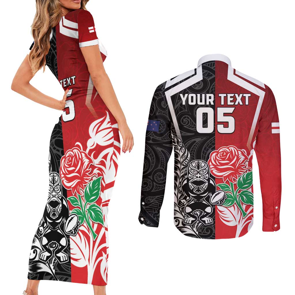 New Zealand And England Rugby Custom Couples Matching Short Sleeve Bodycon Dress and Long Sleeve Button Shirt Maori Tiki With Red Rose Together