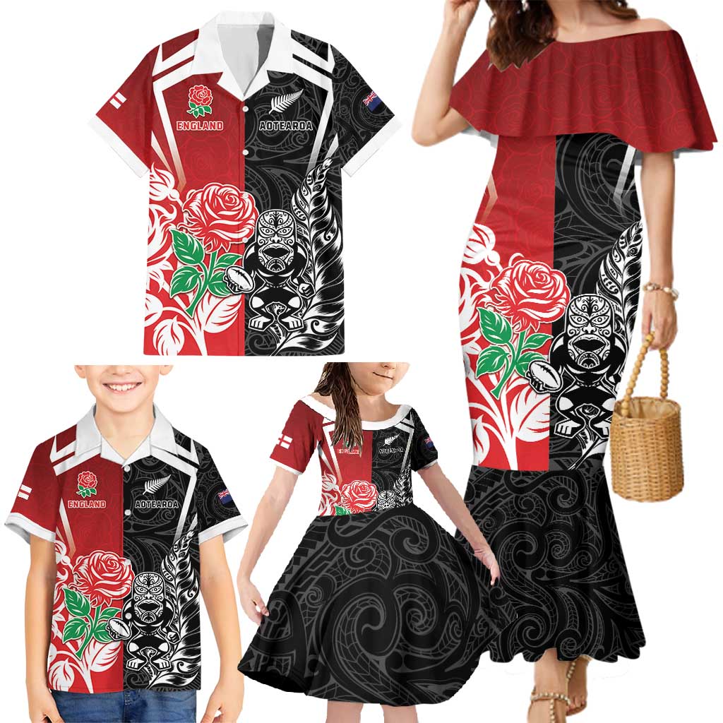 New Zealand And England Rugby Custom Family Matching Mermaid Dress and Hawaiian Shirt Maori Tiki With Red Rose Together