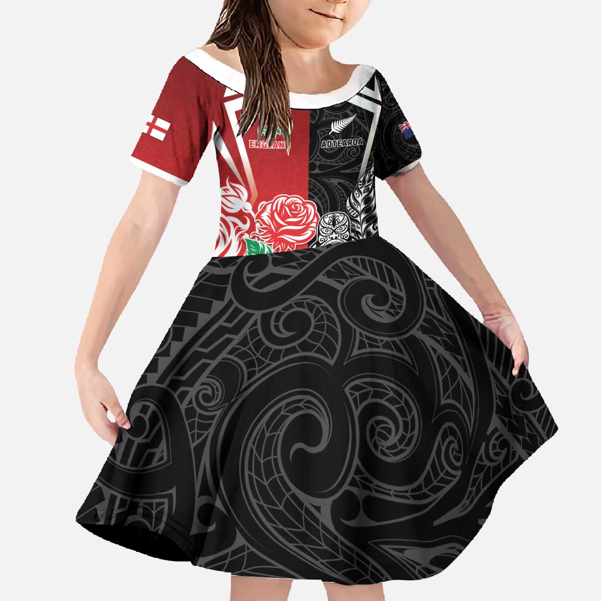 New Zealand And England Rugby Custom Family Matching Off The Shoulder Long Sleeve Dress and Hawaiian Shirt Maori Tiki With Red Rose Together