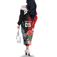 New Zealand And England Rugby Custom Family Matching Off The Shoulder Long Sleeve Dress and Hawaiian Shirt Maori Tiki With Red Rose Together