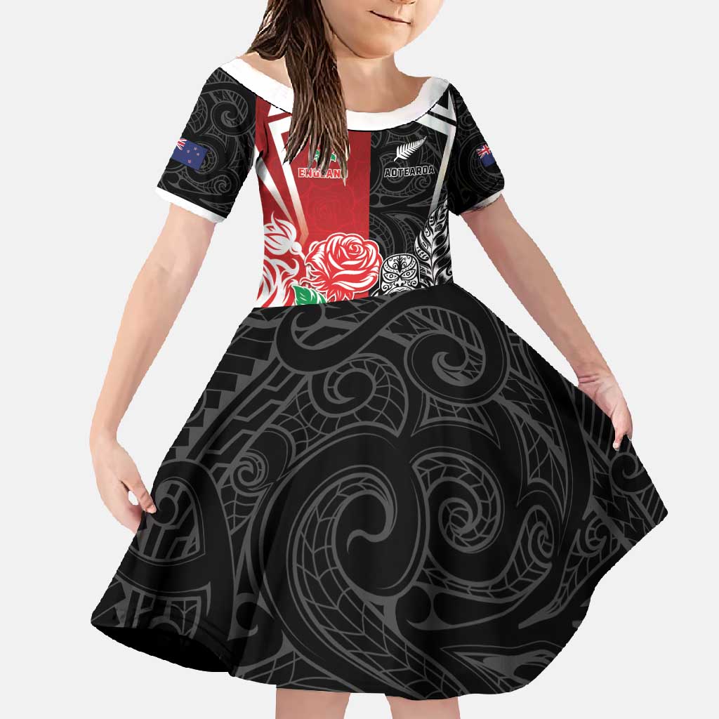 New Zealand And England Rugby Custom Family Matching Off Shoulder Maxi Dress and Hawaiian Shirt Maori Tiki With Red Rose Together