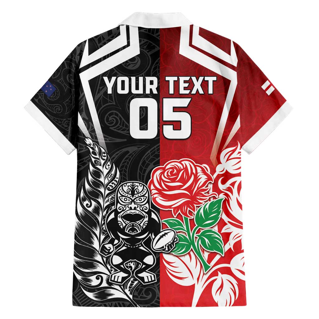 New Zealand And England Rugby Custom Family Matching Off Shoulder Maxi Dress and Hawaiian Shirt Maori Tiki With Red Rose Together