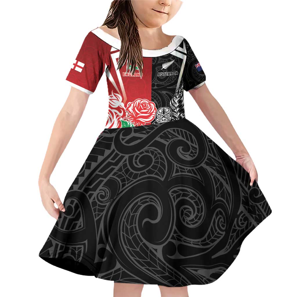New Zealand And England Rugby Custom Family Matching Off Shoulder Short Dress and Hawaiian Shirt Maori Tiki With Red Rose Together