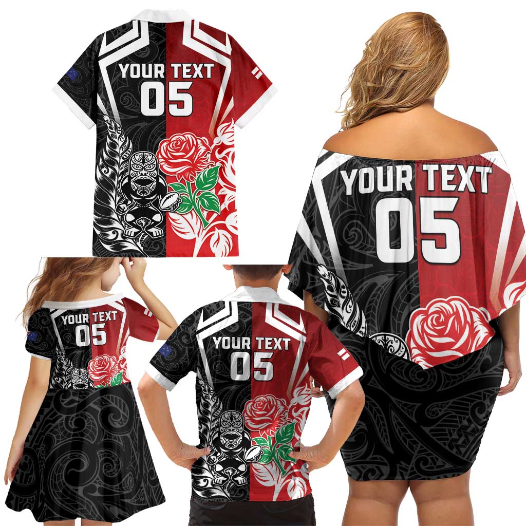 New Zealand And England Rugby Custom Family Matching Off Shoulder Short Dress and Hawaiian Shirt Maori Tiki With Red Rose Together